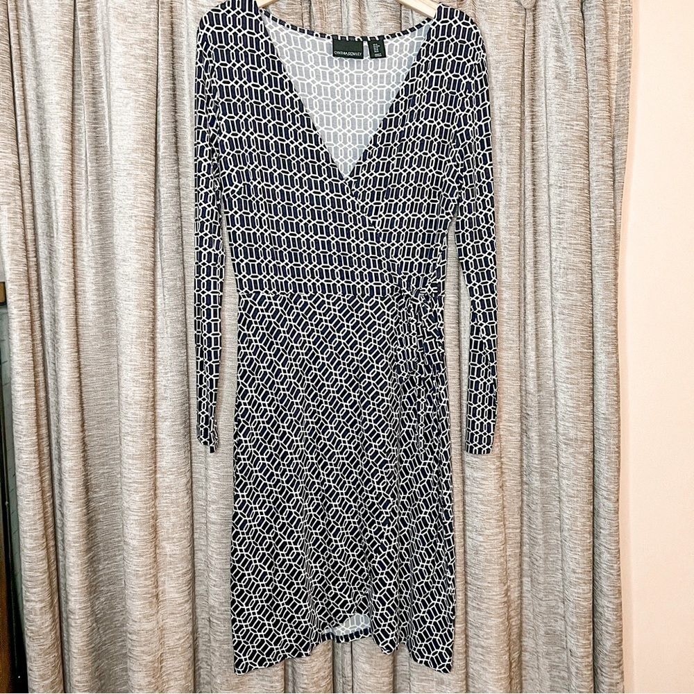 Cynthia Rowley Blue & White Geometric Print Faux Wrap Dress Size Medium